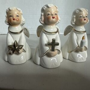 Vintage Porcelain Lady 3.5" Angel Gold Trim Religious  Japan Set Of 3 ORN101